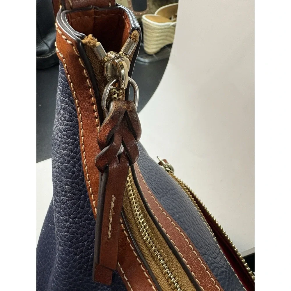 Dooney & Bourke Pebble Grain Hobo Navy/Brown Leather Trim Gold Tone Hardware